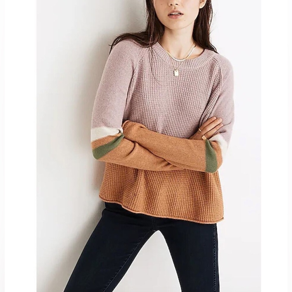 Madewell Striped Roll-Trim Waffle Pullover Sweater Size M